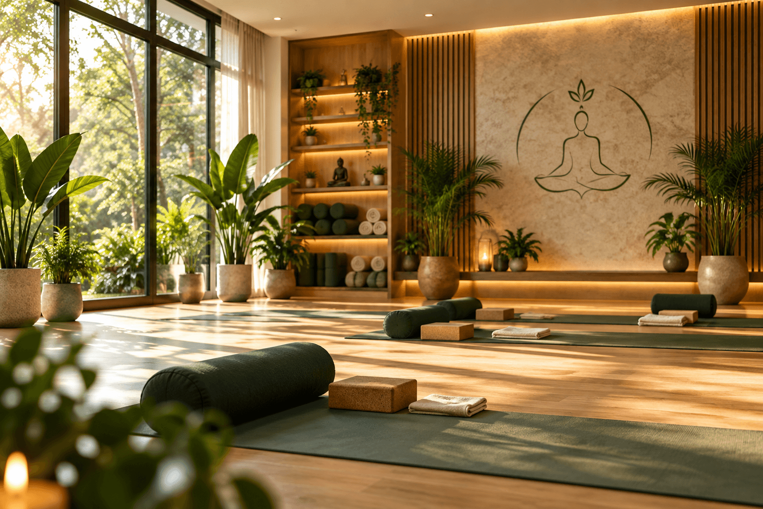 A calm yoga studio with props, plants and an inspirational sign