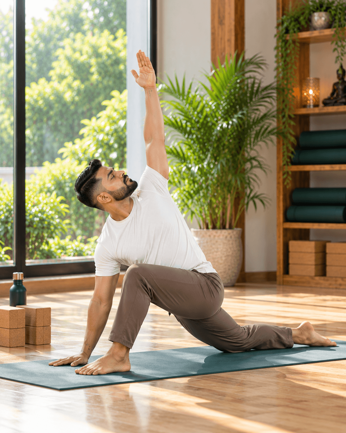 Yoga instructor seated calmly with hands in prayer position